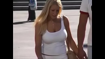 Busty candid blonde teen with tight white top, bouncing boobs w slowmotion
