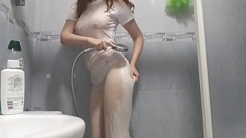 White shirt and tights shower with a redhead!